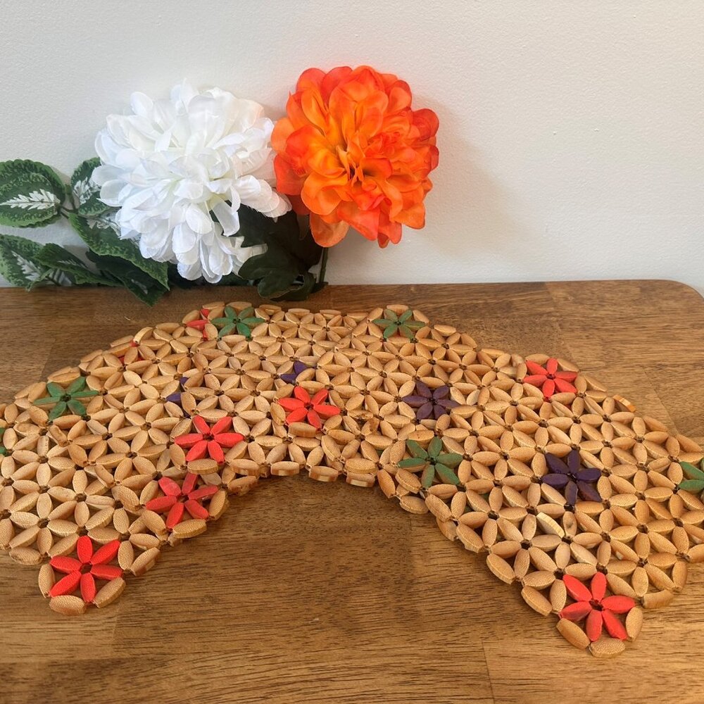 Vintage Bamboo Woven Trivets Beaded Flower‎ Potholders Set MCM Boho Kitchen